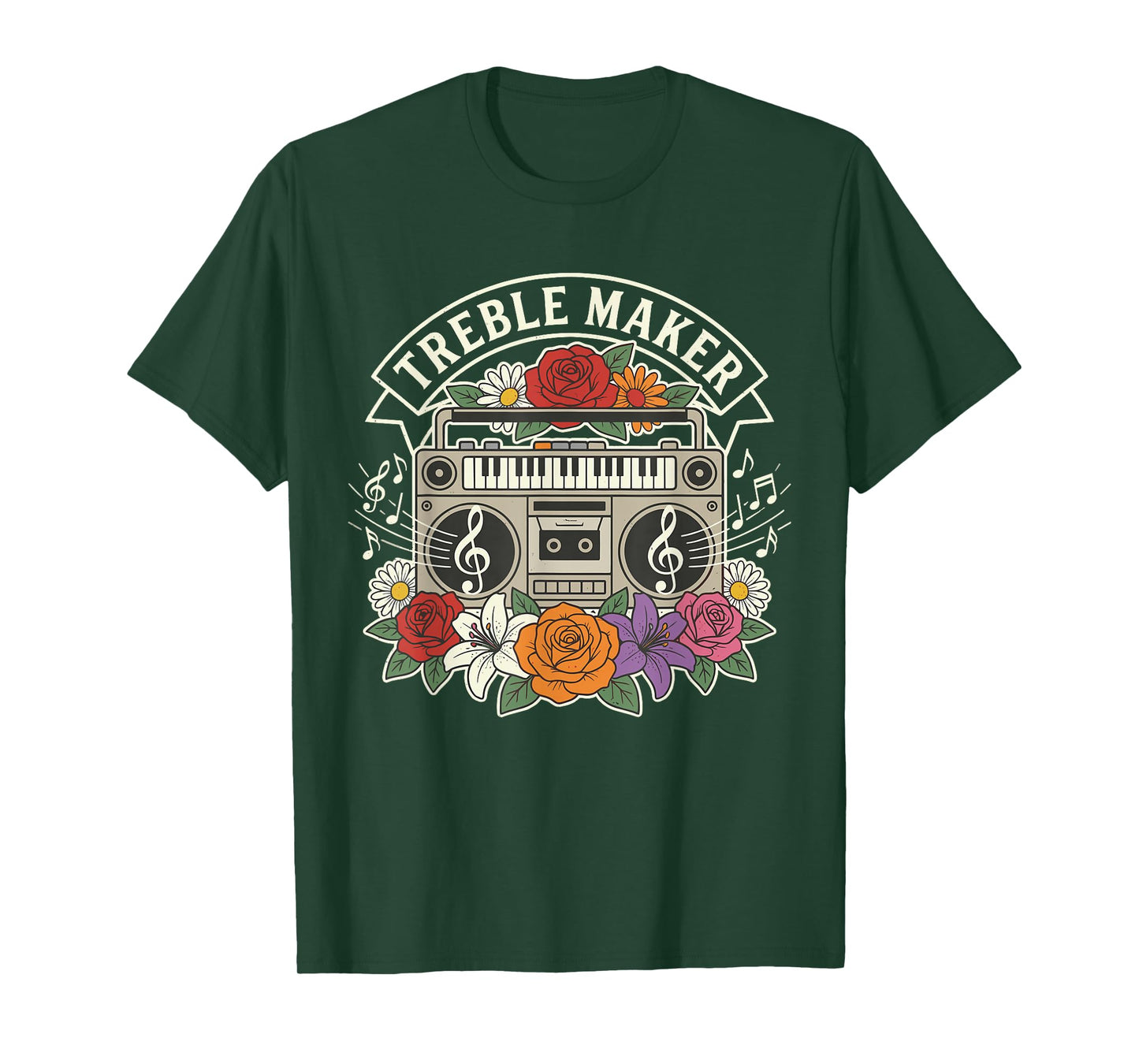 Treble Maker – Funny Music Pun Quote Boombox Floral Design T-Shirt