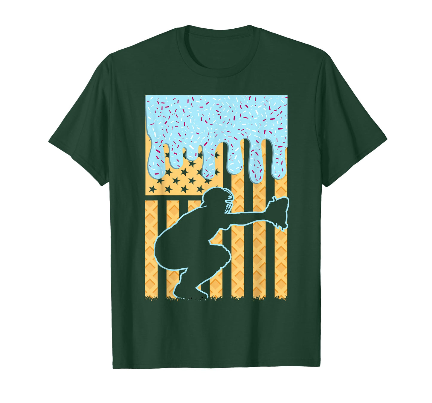 Ice Cream Baseball Drip Boys Catcher American Flag 4th July T-Shirt