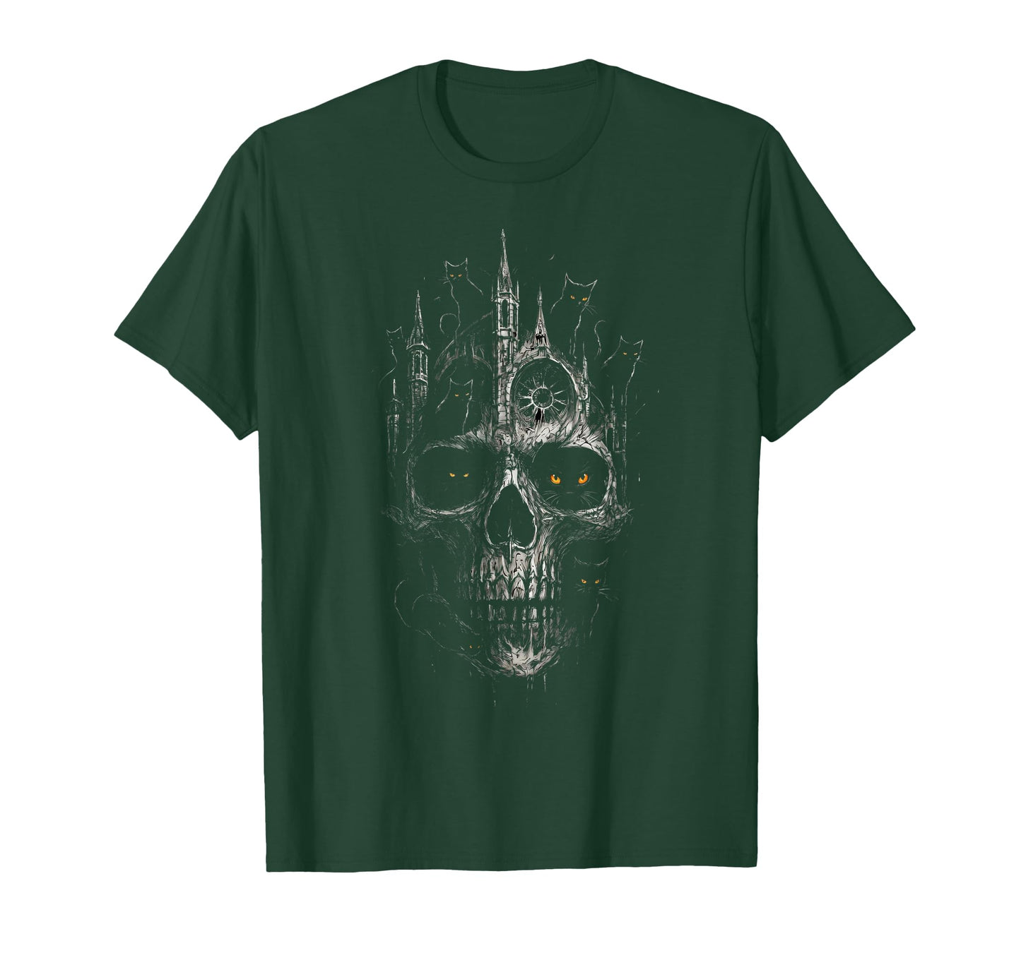 Gothic Skull Cathedral with Black Cats Dark Fantasy Art T-Shirt