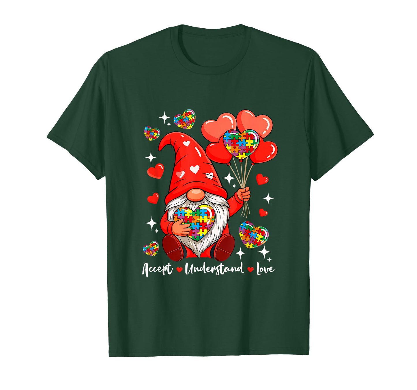 Love Accept Understand Valentine Hearts Gnome Proud Autism T-Shirt