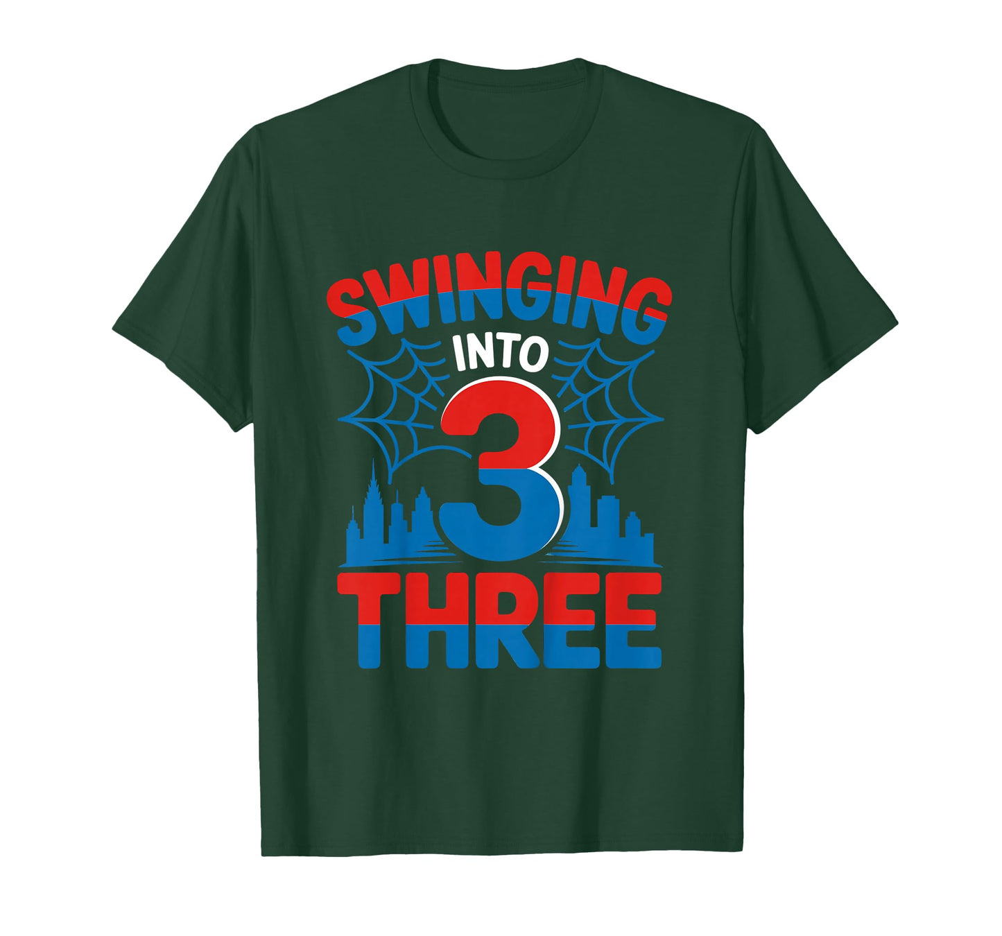 Kids Swinging Into 3 Three Year Old Girl Boy 3rd Spider Birthday T-Shirt