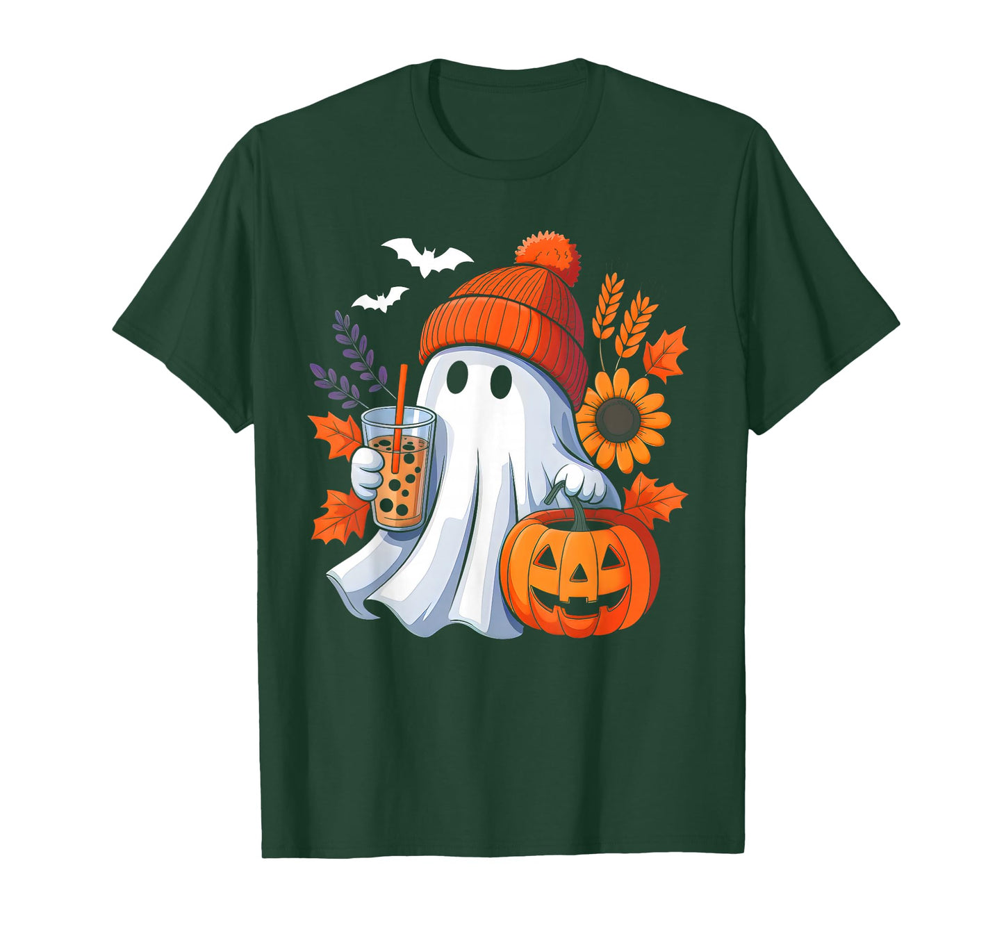 Cute Ghost Drinking Coffee Autumn Pumpkin Halloween Costume T-Shirt