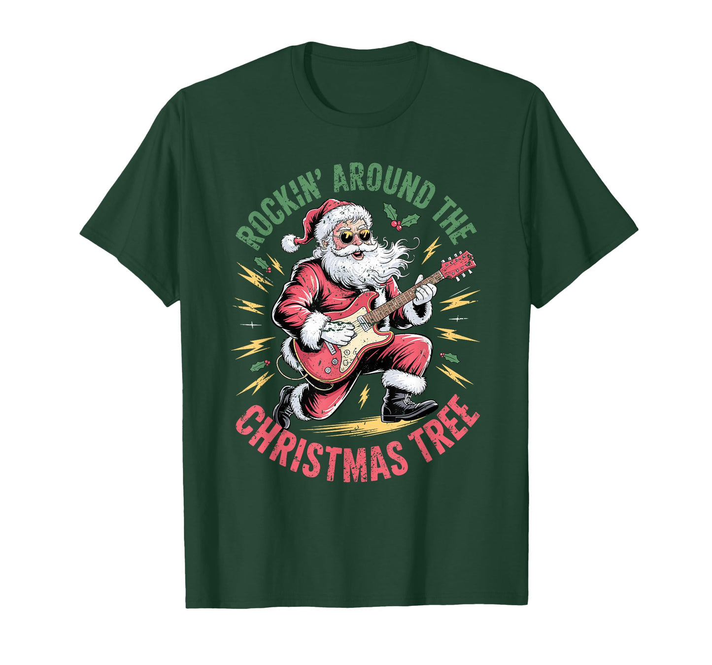 Rockin Around Christmas Tree Santa Guitar Rock N Roll Xmas T-Shirt