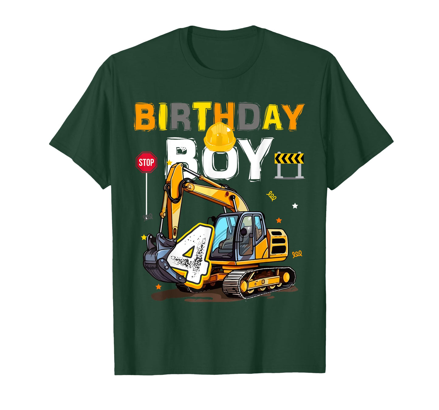 4th Birthday Boy 4 Years Old Excavator Four Decorations T-Shirt