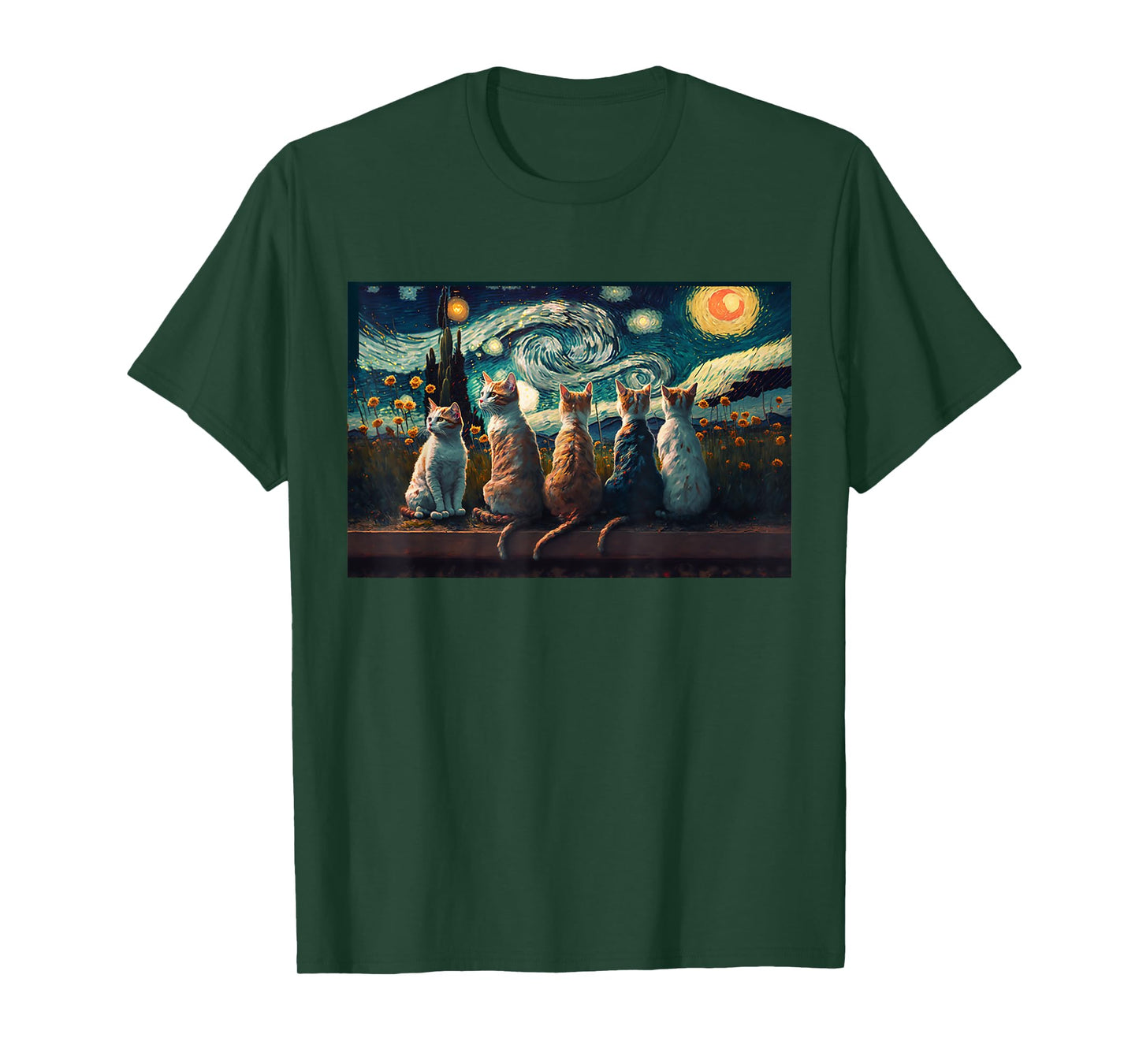 cats painting art sitting Starry Night kitty kitten Van Gogh T-Shirt