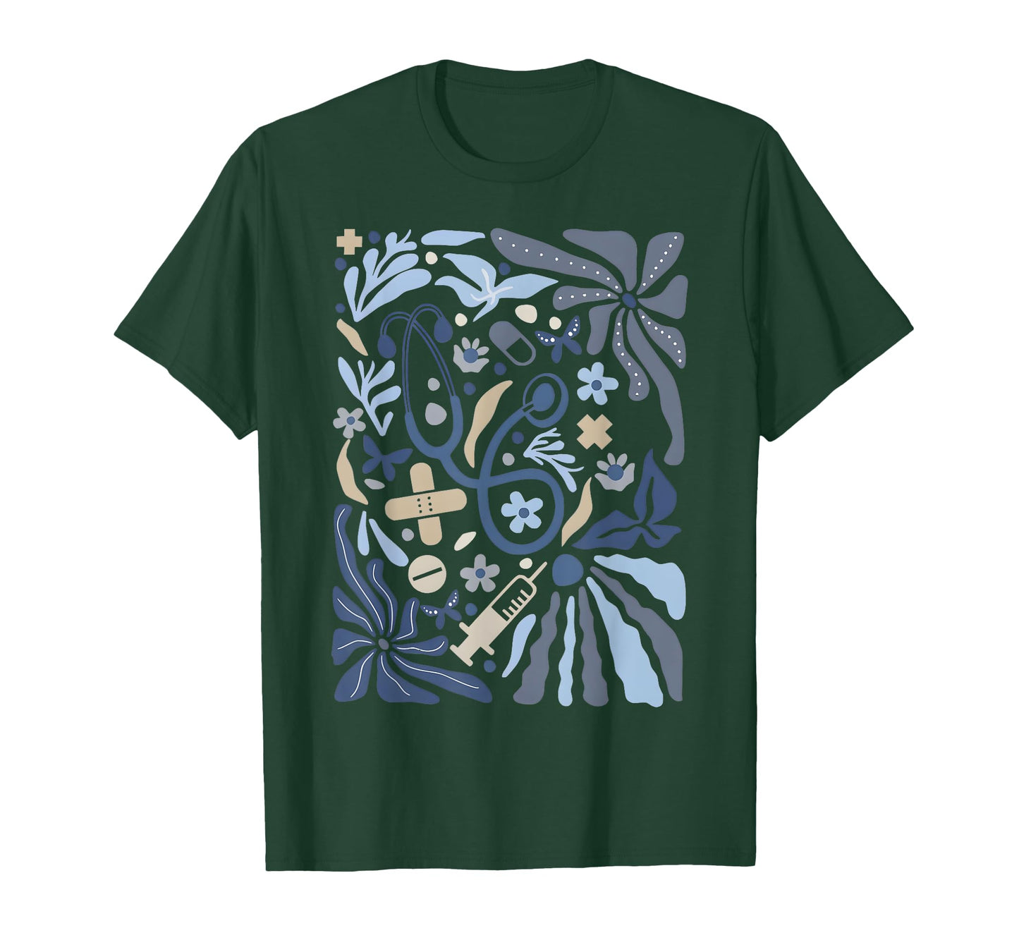 Boho Floral Nurse Vintage Botanical Blue Flowers Stethoscope T-Shirt