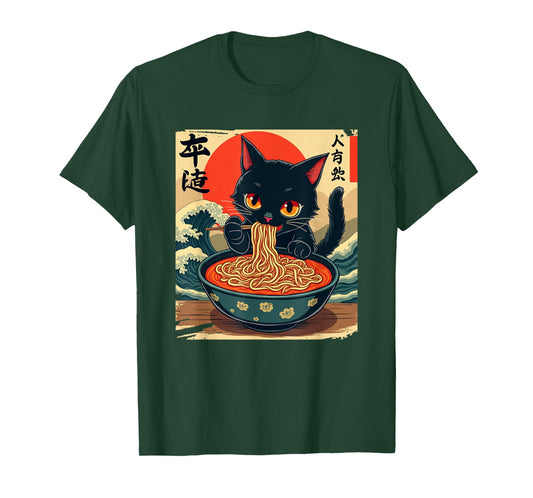 Anime Cat Eating Ramen Japanese Art Graphic Cat T-Shirt