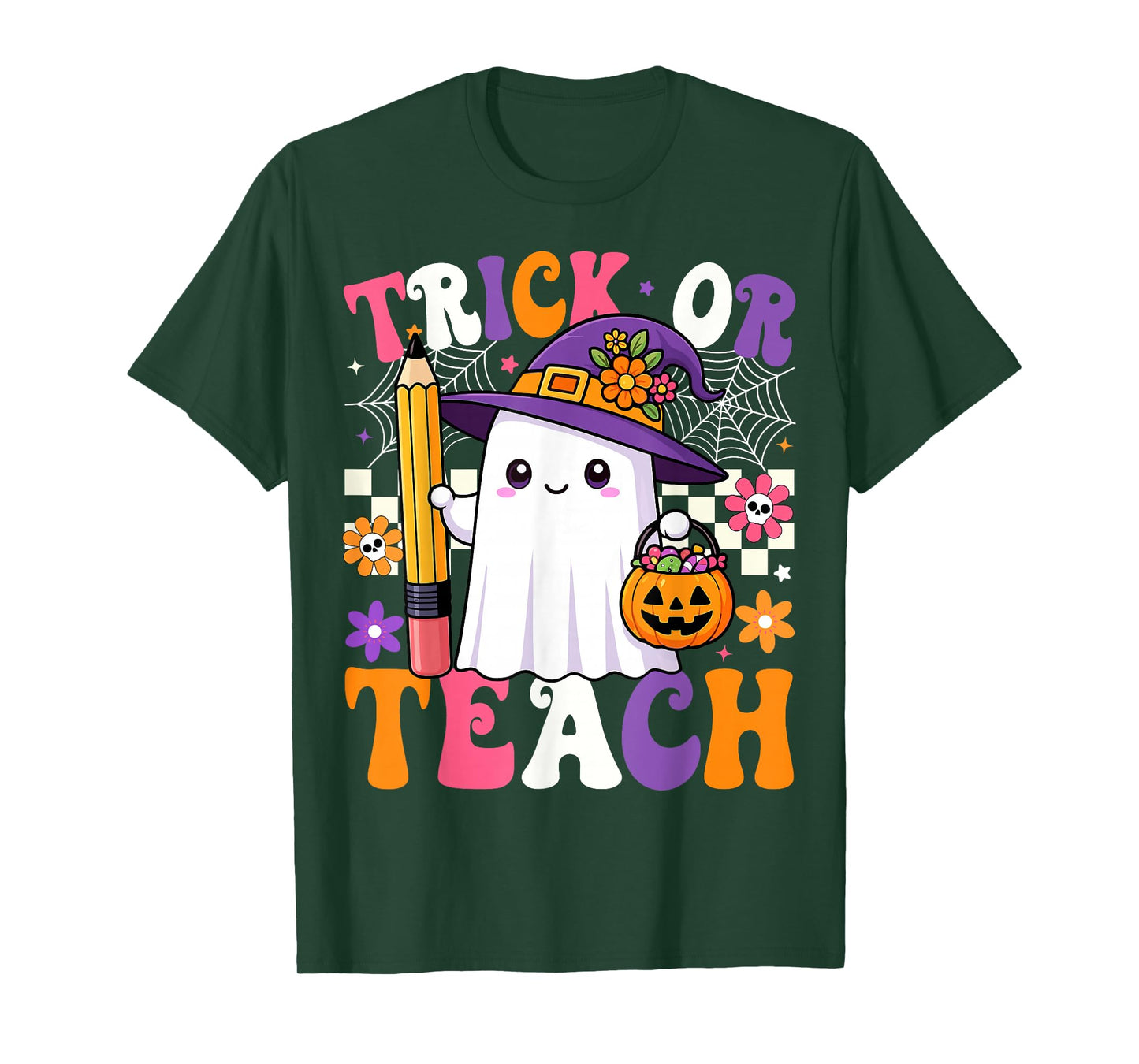 Trick Or Teach Teacher Pencil Ghost Funny Halloween Teacher T-Shirt