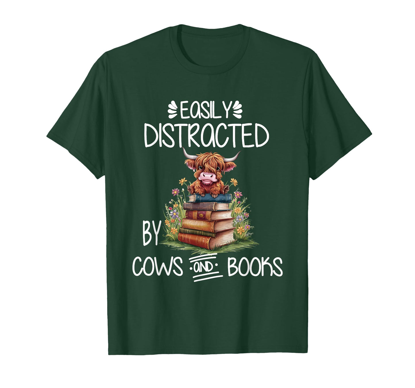 Easily Distracted By Cows And Books Highland Cow Book Lover T-Shirt