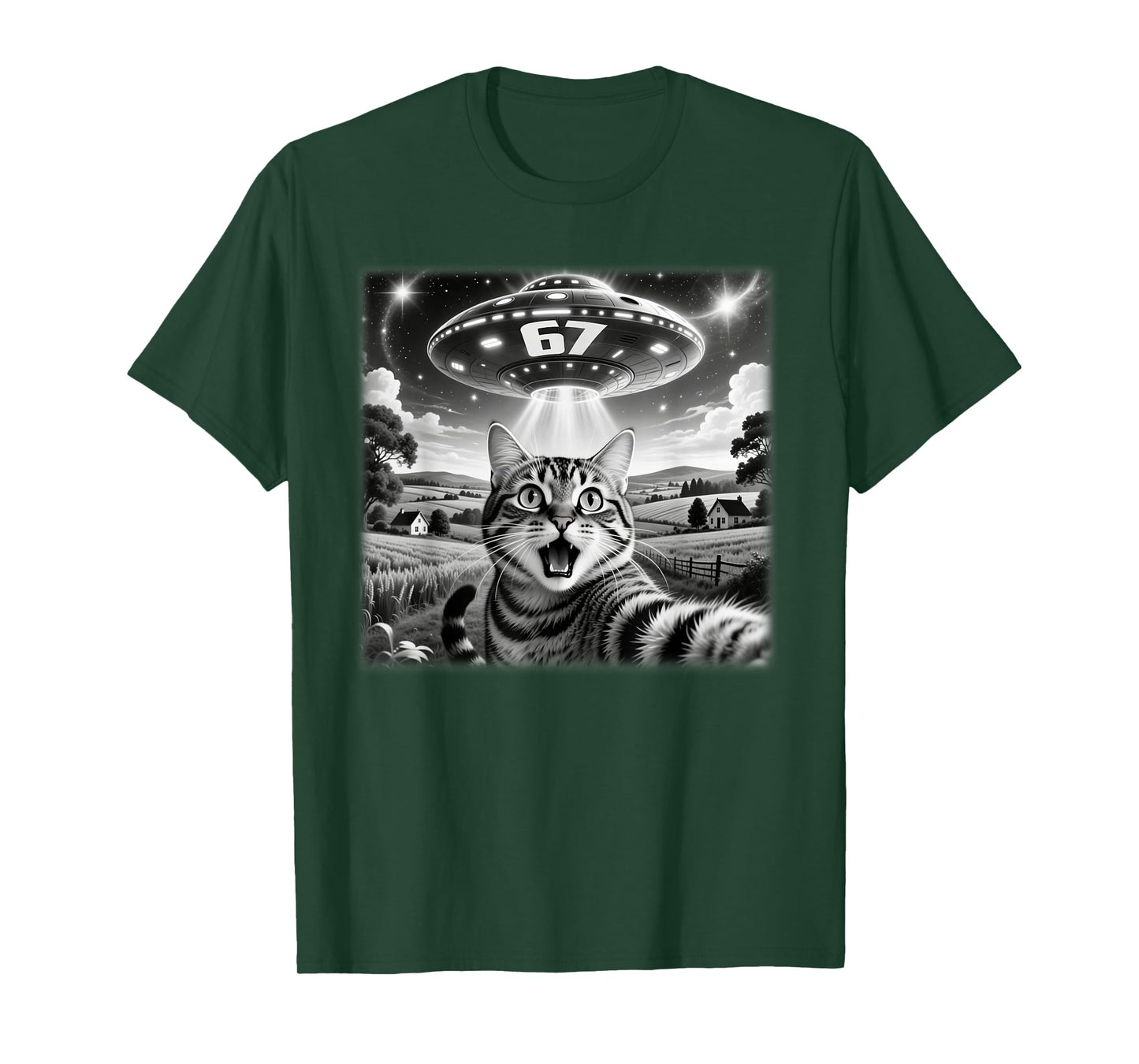 67 Meme 6 7 Cat Selfie UFO Alien Funny Six Seven Saying T-Shirt