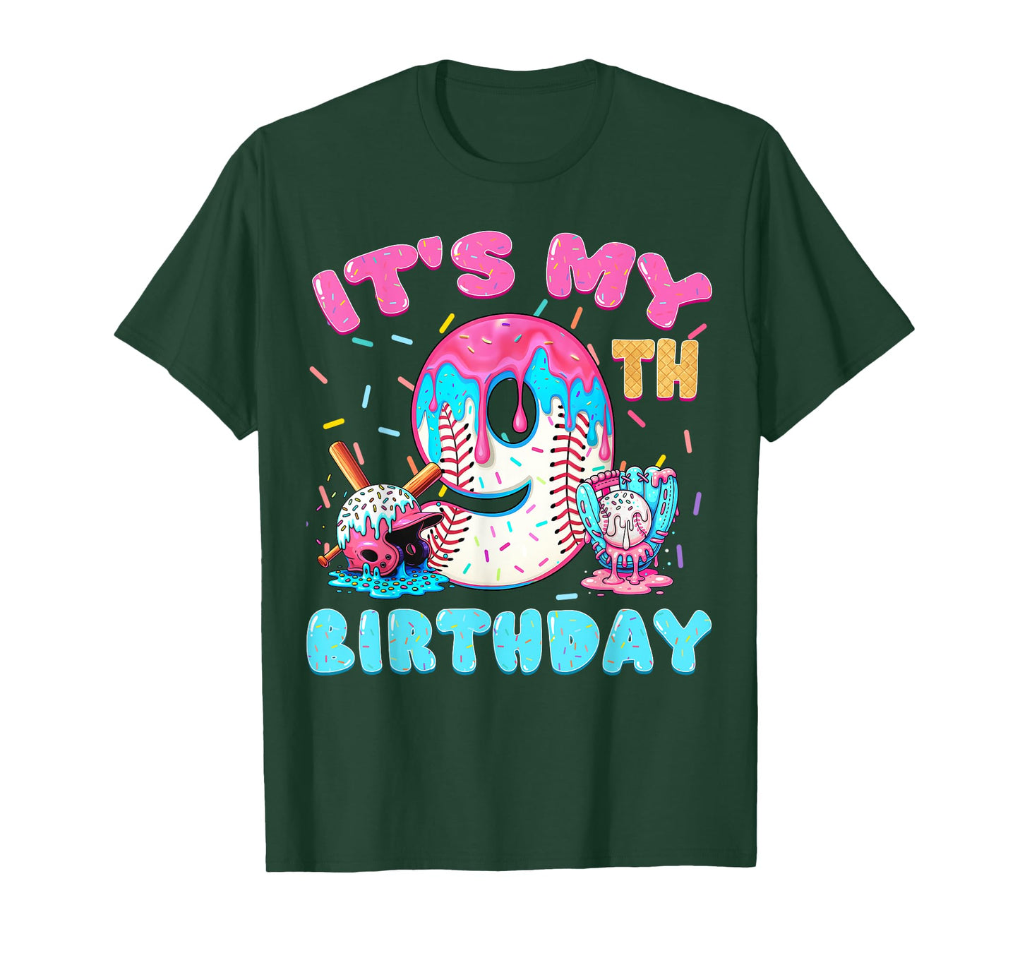 Baseball 9 Year Old Ice Cream Drip 9th Birthday Boy Number 9 T-Shirt