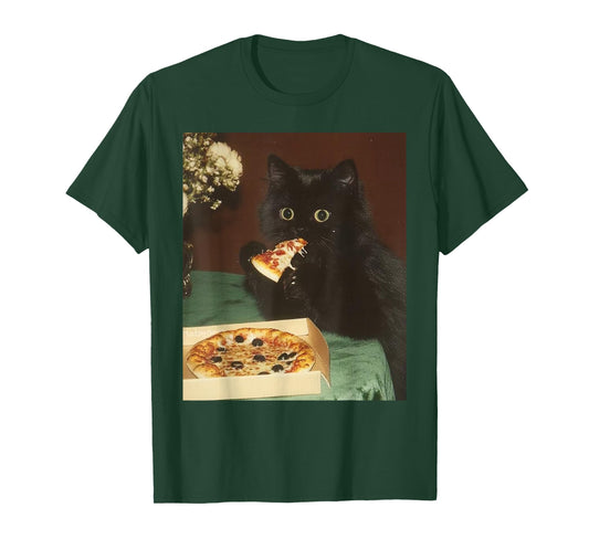 Funny Black Cat Eating Pizza Vintage Meme Kitty Lover T-Shirt