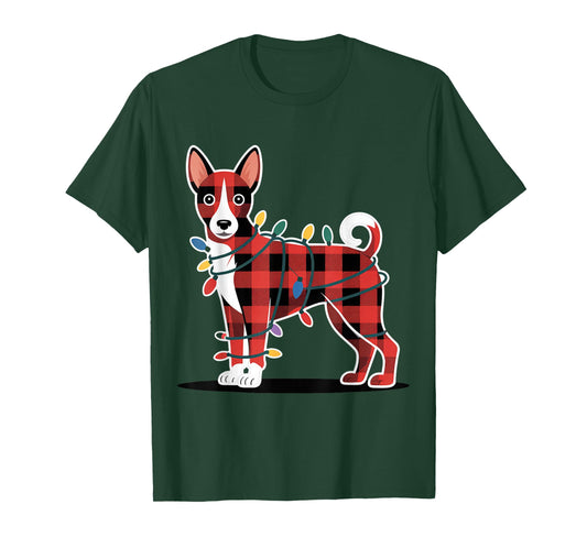 Plaid Basenji Christmas Lights Outfit Cute Holiday Family T-Shirt