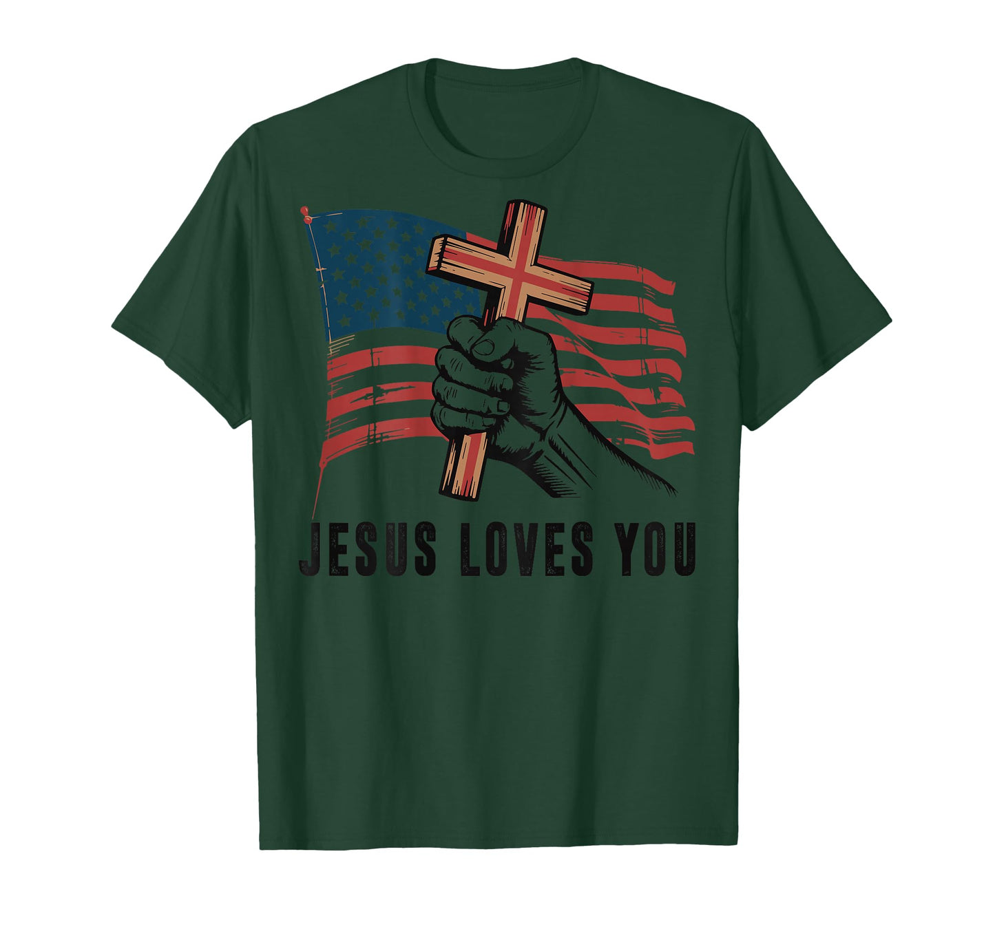 Mens Jesus Loves You Christian Patriotic Cross American Flag T-Shirt