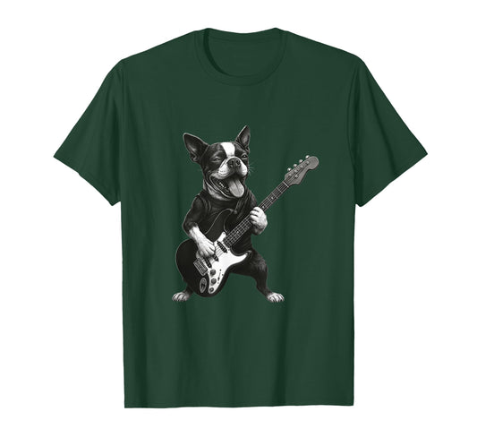 Boston Terrier Playing Guitar Funny Dog Lover T-Shirt