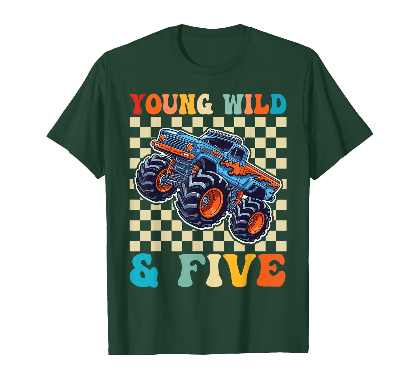 Kids 5th Birthday Monster Truck Young Wild and Five 5 Year T-Shirt