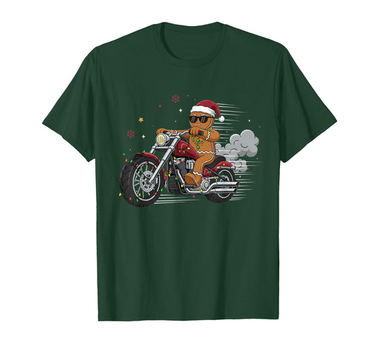 Funny Christmas Gingerbread Man Biker Riding a Motorcycle T-Shirt