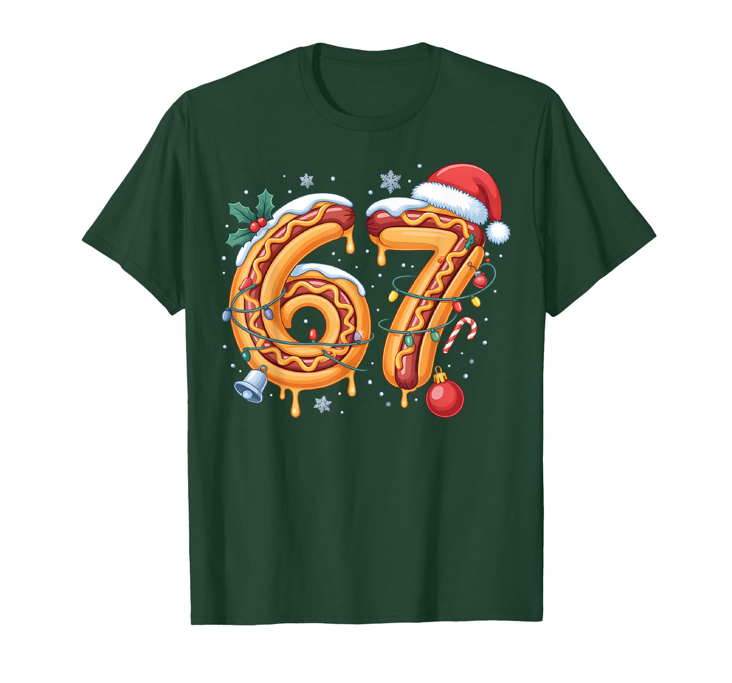 67 Hot Dog Christmas Lights Santa Hat Funny Six Seven Meme T-Shirt