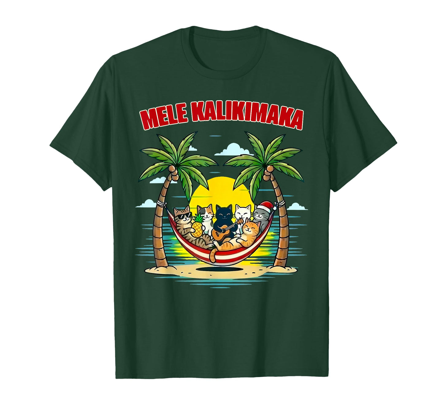 Funny Hawaiian Mele Kalikimaka Cats Celebrating Christmas T-Shirt