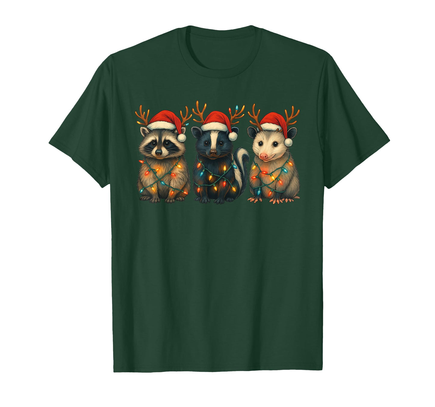 Raccoon Possum Skunk Christmas Lights Santa Hat Xmas T-Shirt