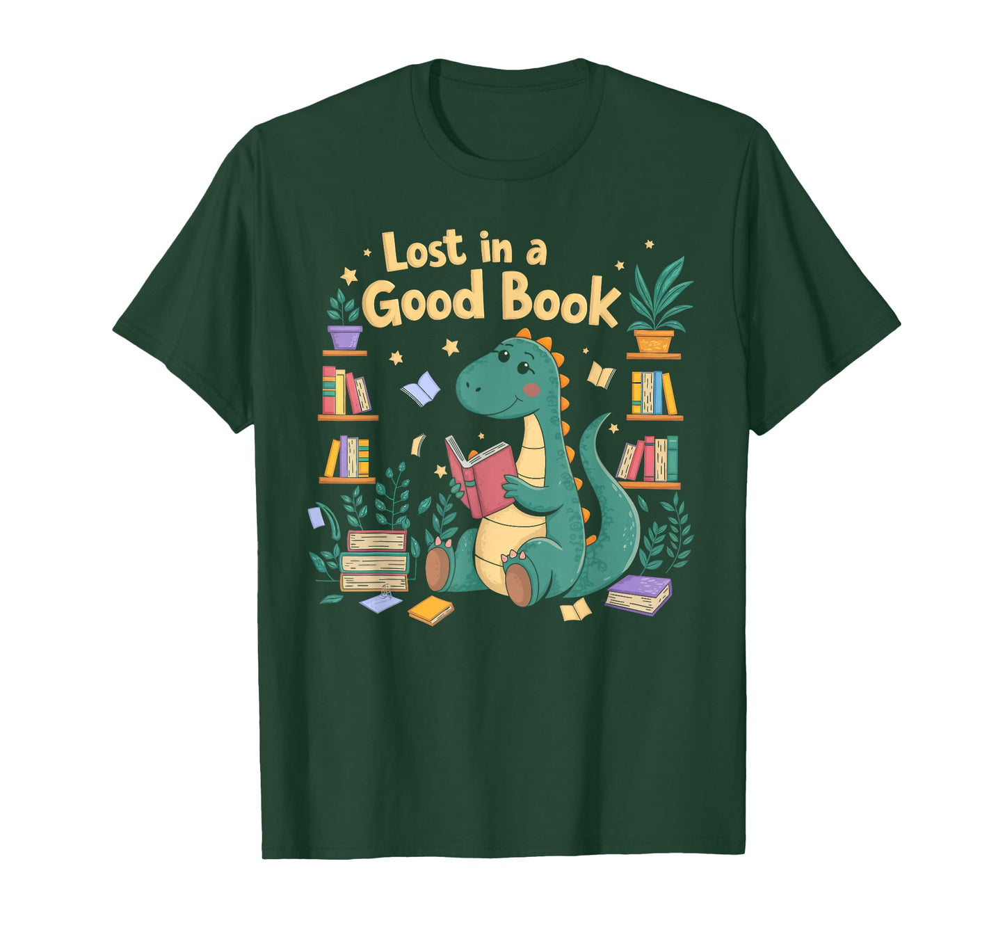 Lost in a Good Book Cute Reading Dinosaur Illustration T-Shirt
