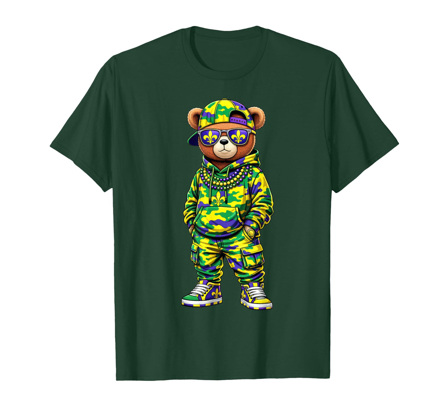 Madi Gras Camo Hip Hop Teddy Bear Cool Rapper Boys Mens Kids T-Shirt