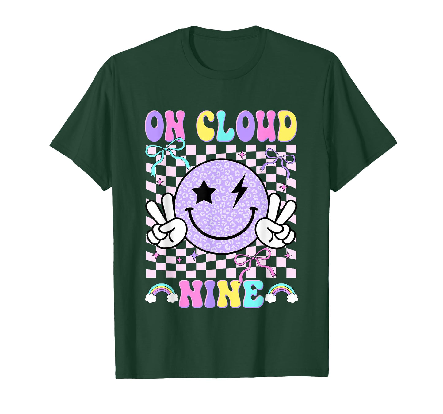 On-Cloud Nine Checkered Smile Face Coquette 9th Birthday Kid T-Shirt