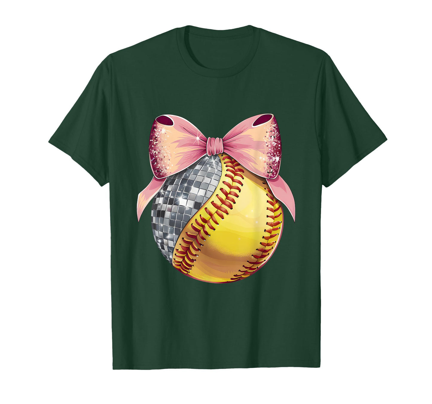 Cute Coquette Bow Disco Ball Softball Player Game Day Mom T-Shirt