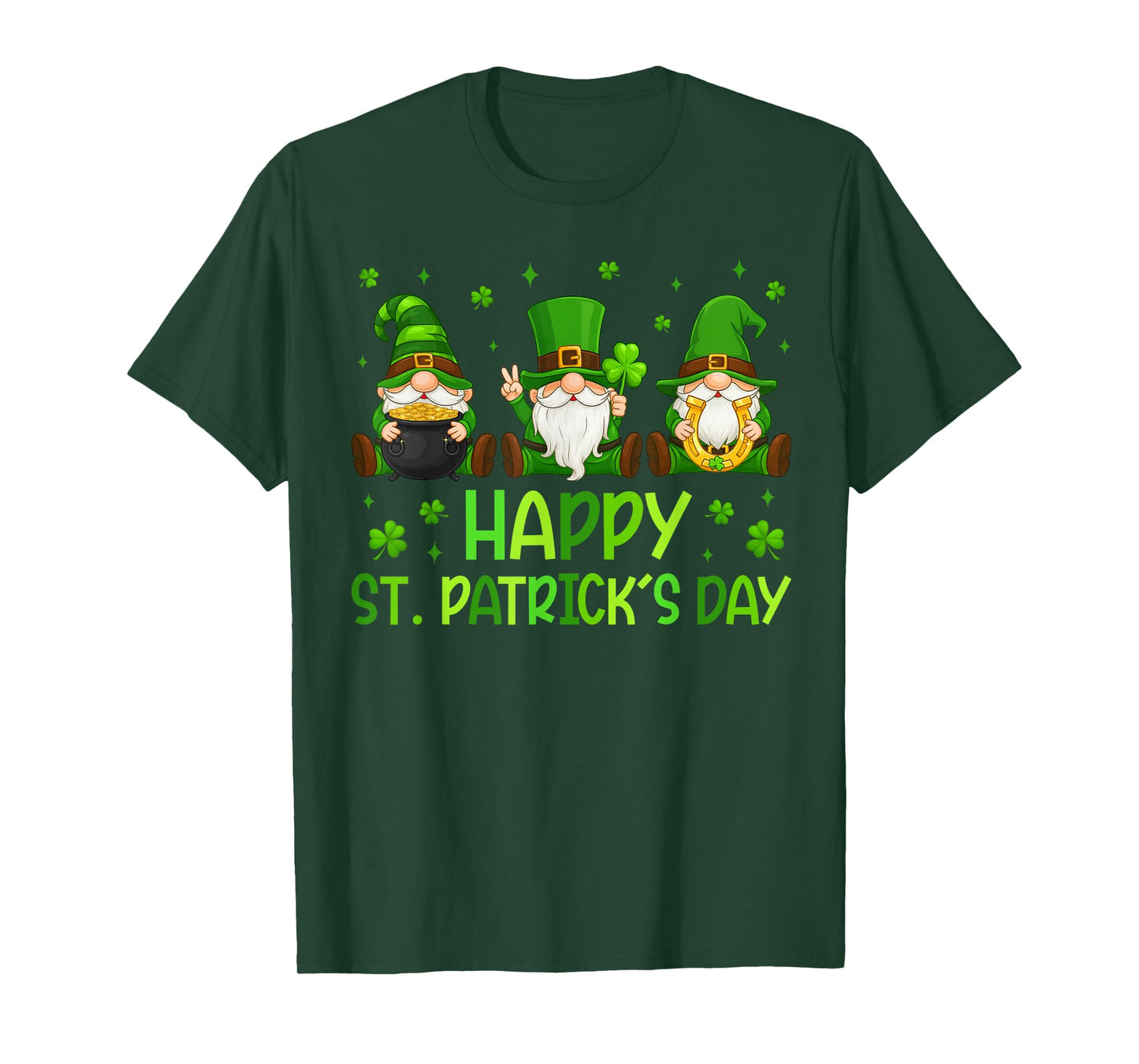 Three Gnomes Holding Shamrock Happy St Patrick's Day Women T-Shirt