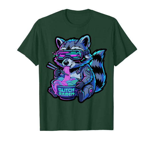 Cyber Glitch Raccoon Ramen Funny Gaming Food T-Shirt