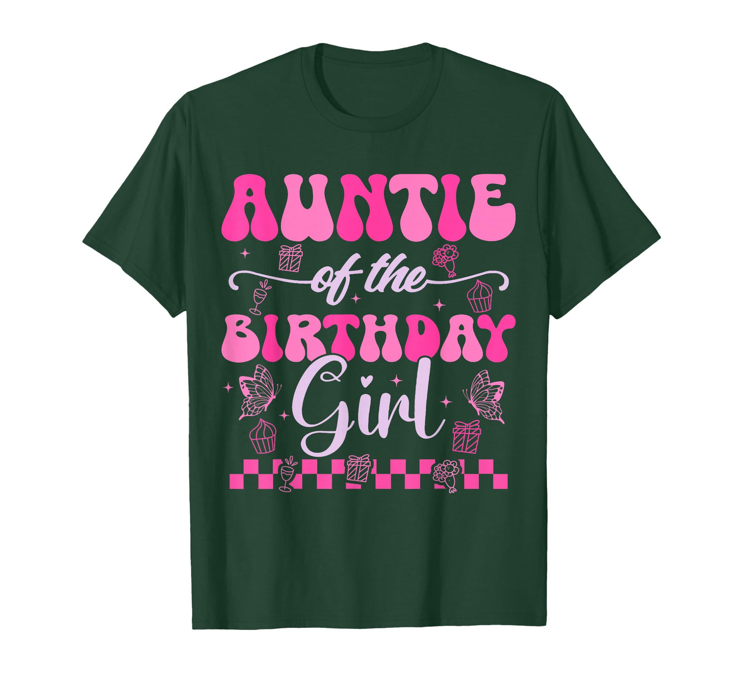 Auntie Of The Birthday Girl Kids Daughter Pink Themed Groovy T-Shirt