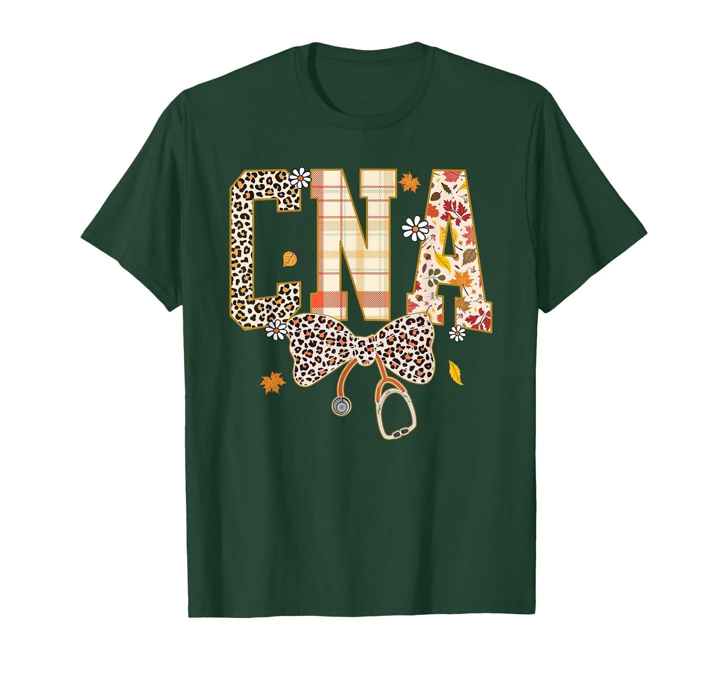 CNA Fall Plaid Leopard Bow Stethoscope T-Shirt