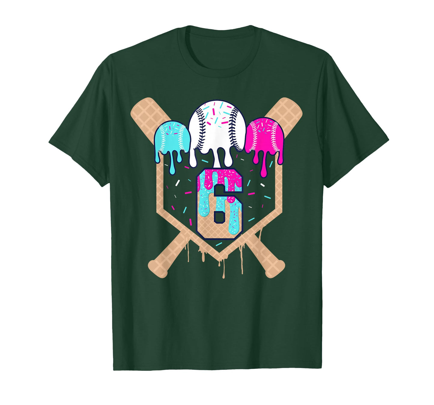 Baseball 6 Year Old Ice Cream Drip 6th Birthday Boy Number 6 T-Shirt