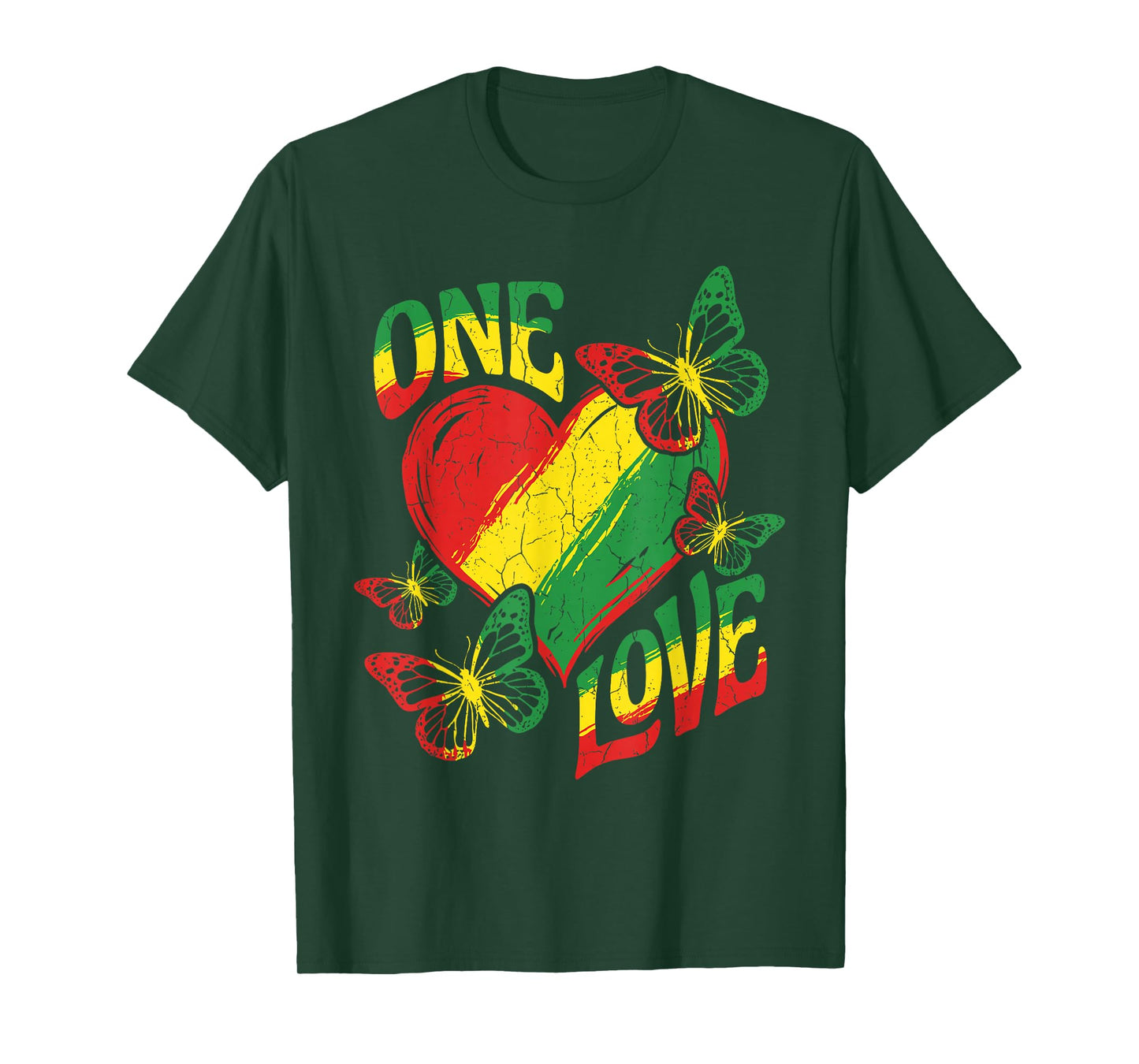 One Love Rasta Heart Red Yellow Green Reggae Butterfly Roots T-Shirt