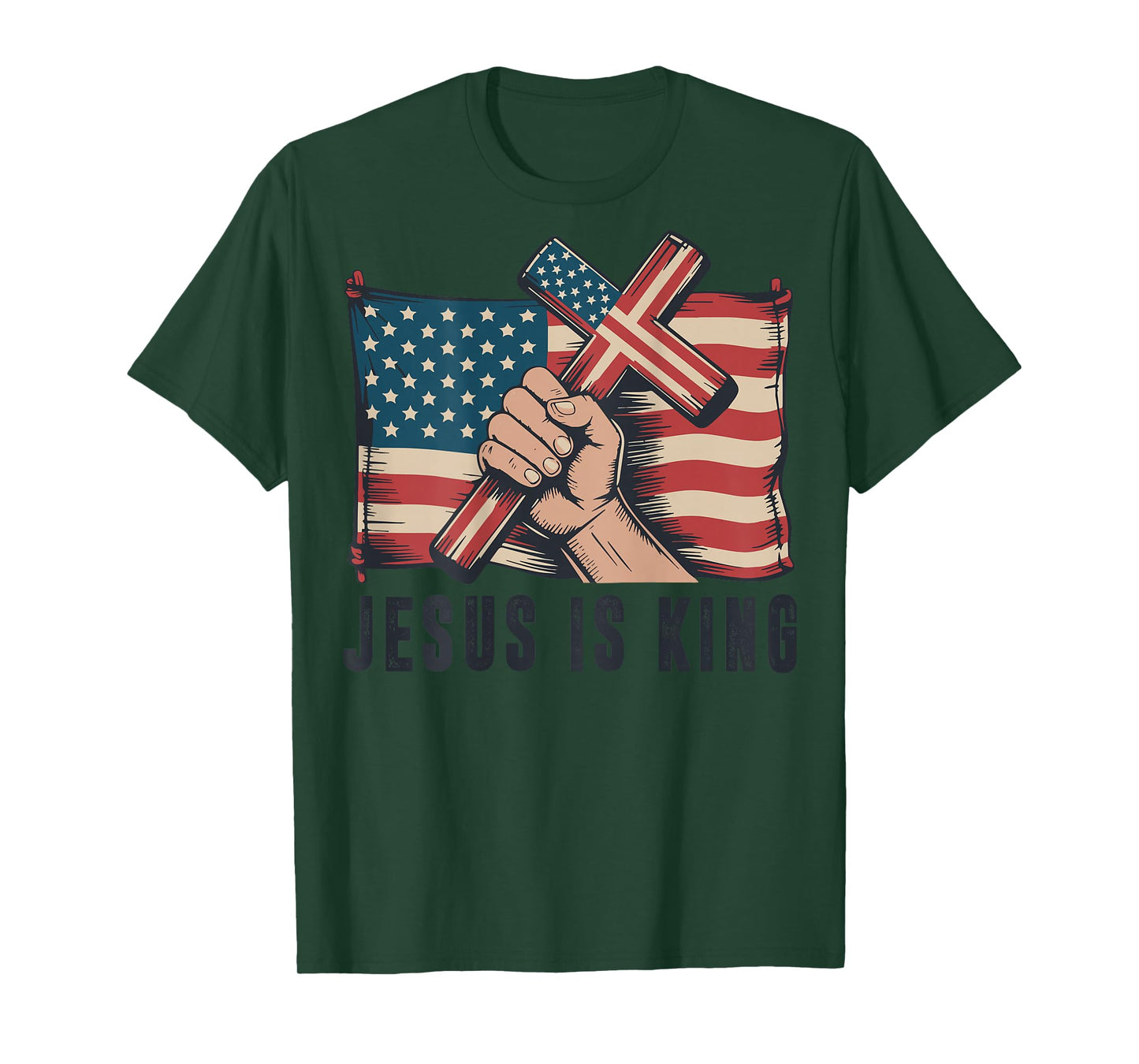 Mens Jesus is King American Flag Christian Patriotic Cross T-Shirt