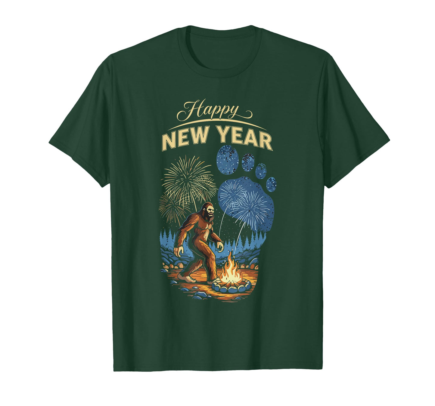 Funny Boys NYE Outfit, Mens Fireworks Bigfoot Happy New Year T-Shirt