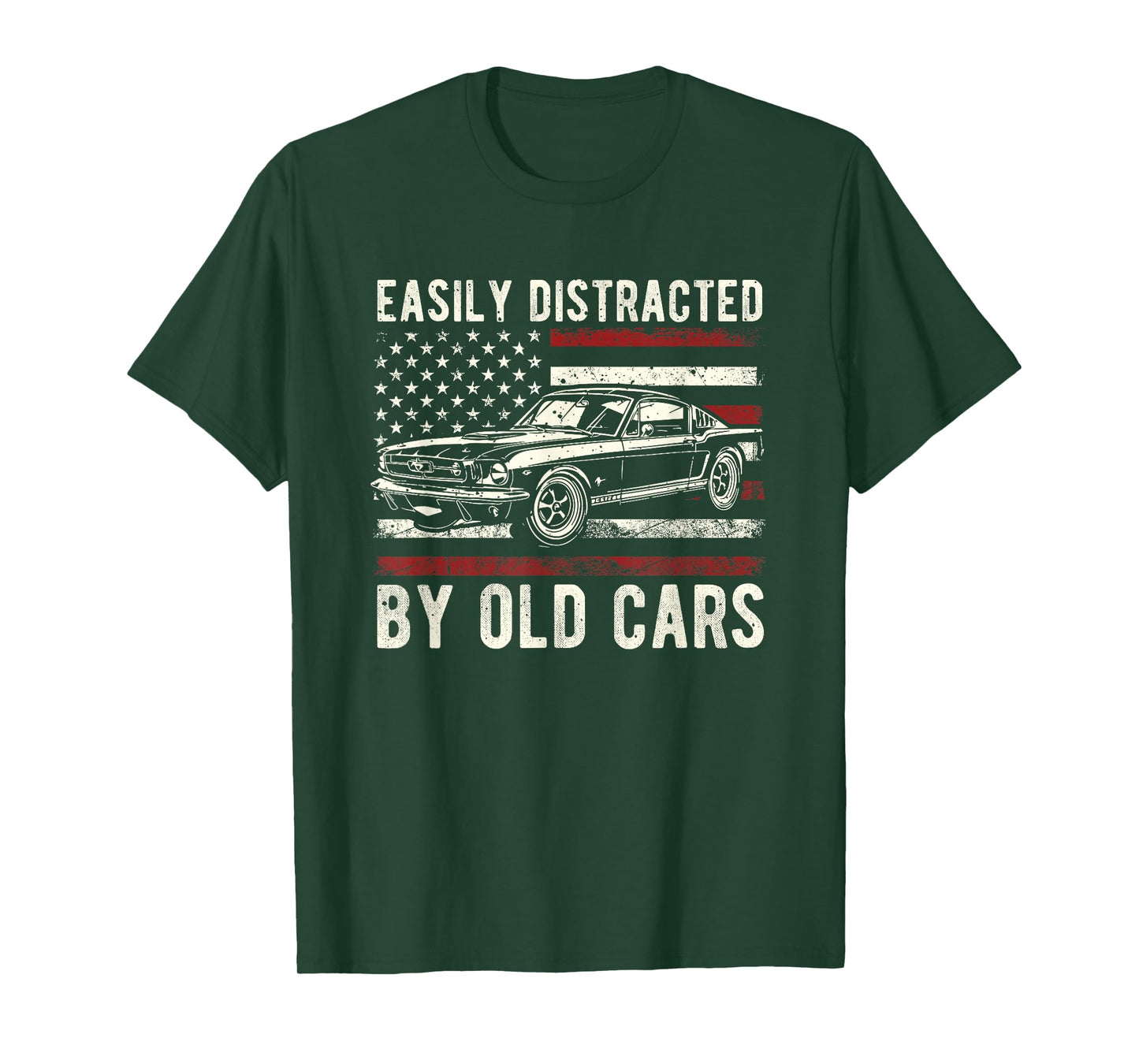 Easily Distracted by Old Cars Classic Vintage American Flag T-Shirt