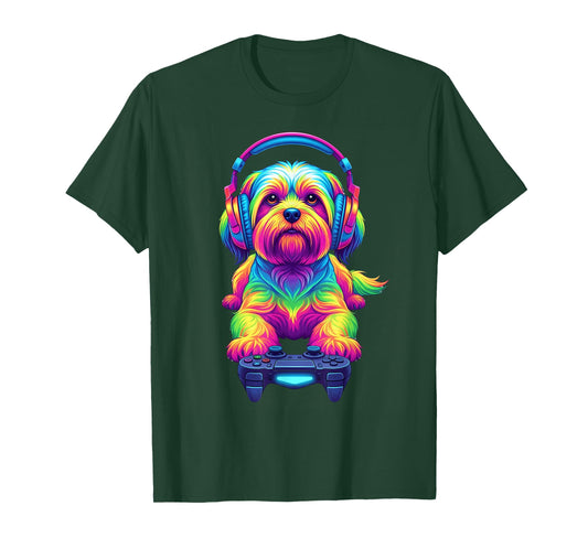 Colorful Lhasa Apso Video Game Gamer Dog Zoo Design T-Shirt