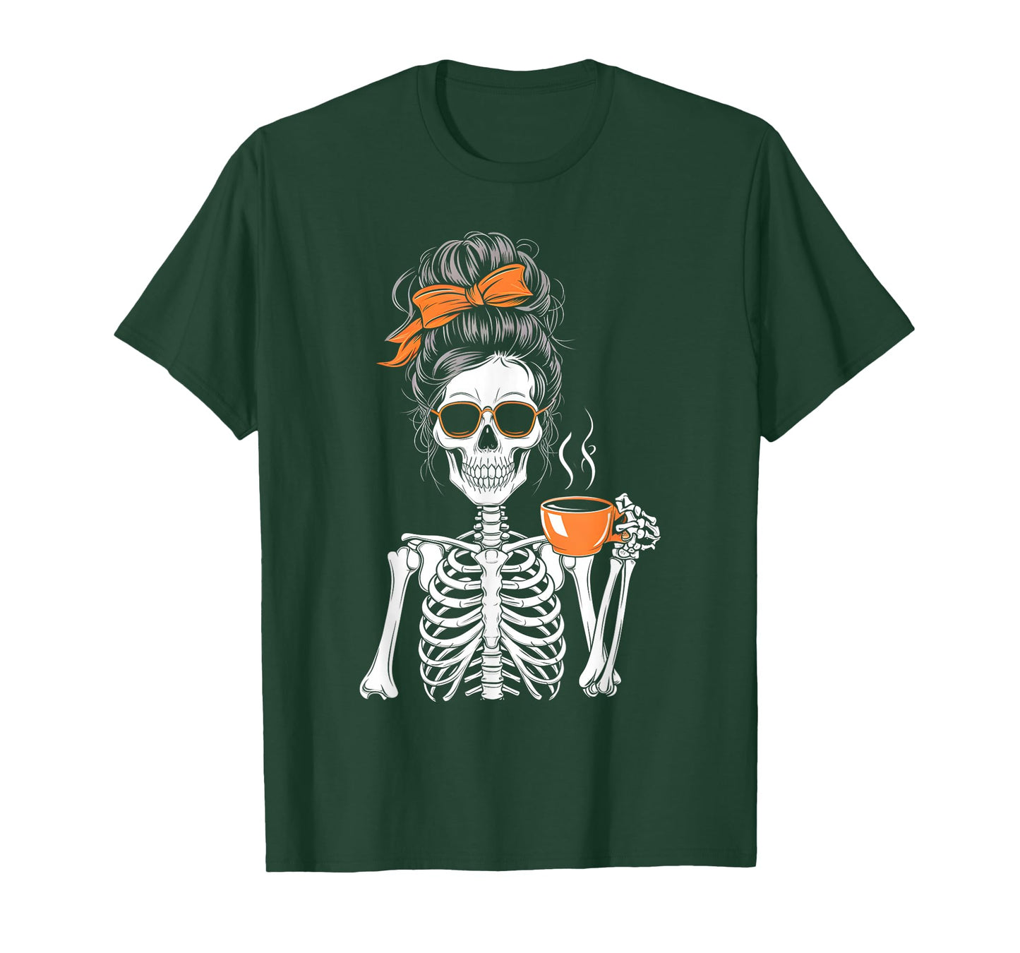 Halloween Skeleton Messy Bun Coffee Funny Costume Mom Women T-Shirt