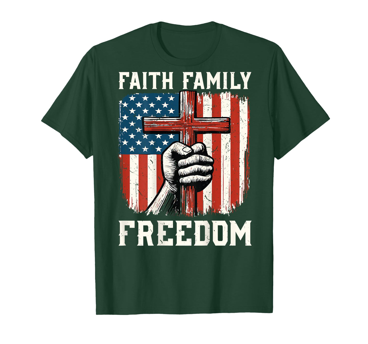 Patriotic Christian Faith Family Freedom American Flag Cross T-Shirt