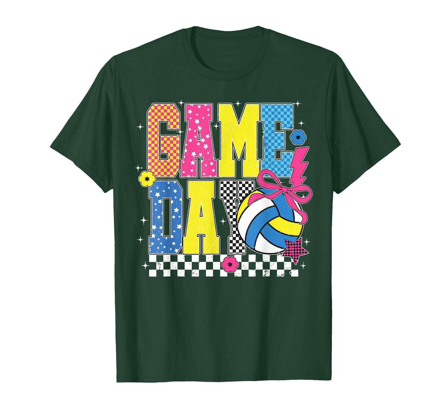 Game Day Volleyball Checkered Funny Volleyball Coquette Bow T-Shirt