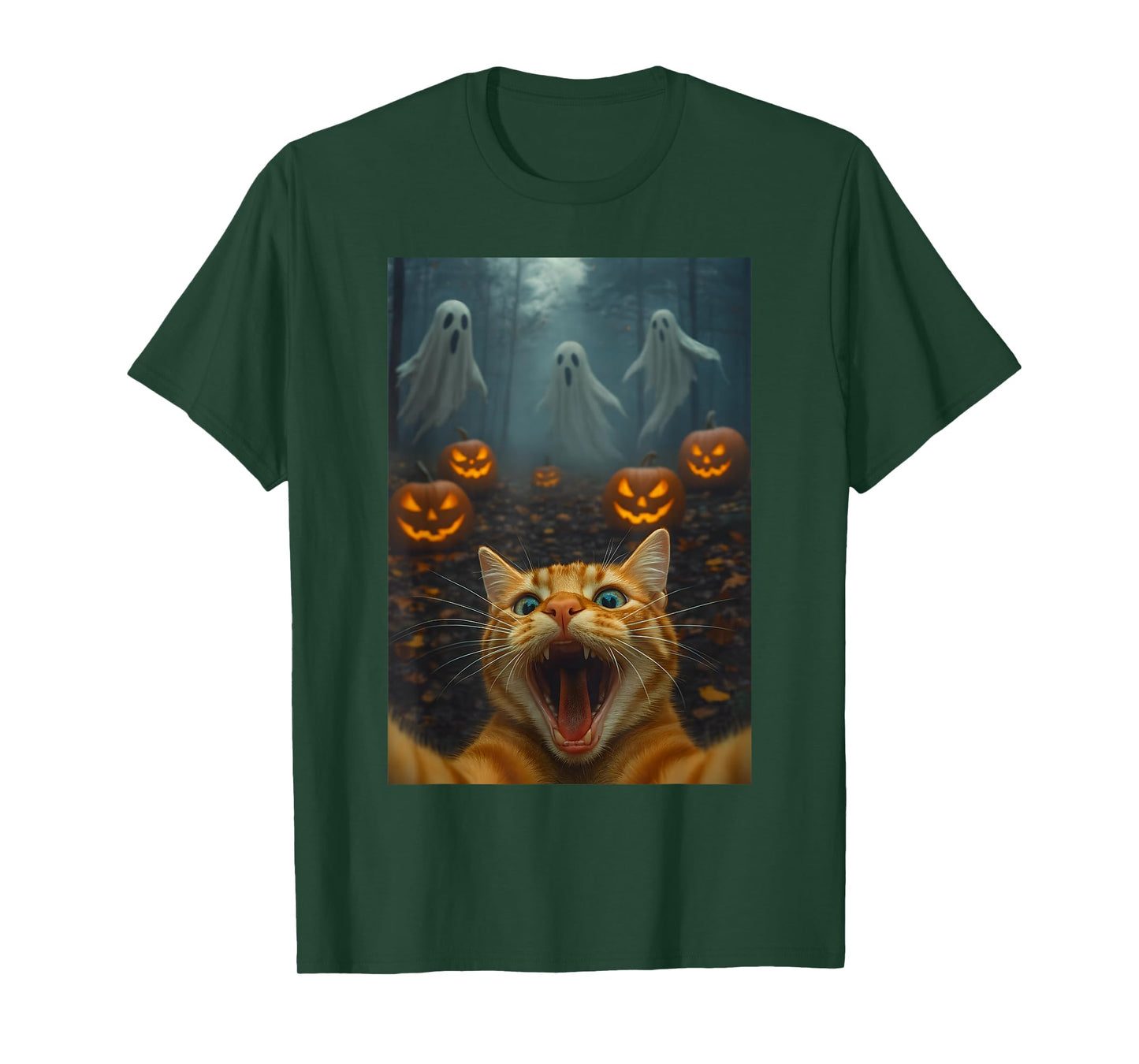 Spooky Halloween Funny Cat Selfie with Ghost Boo Pumpkin T-Shirt