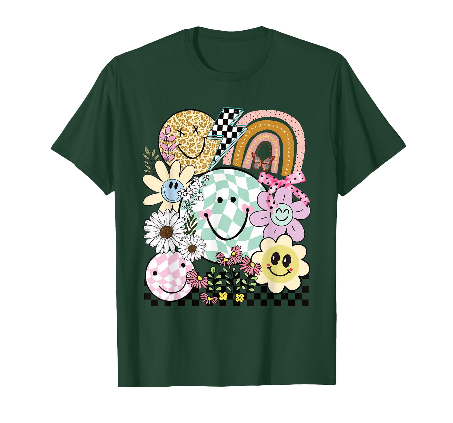 Funny Checkered Happy Smiling Smile Face Daisy Flower Girl T-Shirt