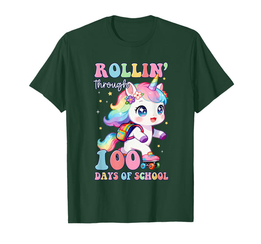 Rollin' Through 100 Days of School Unicorn 100th Day Girls T-Shirt