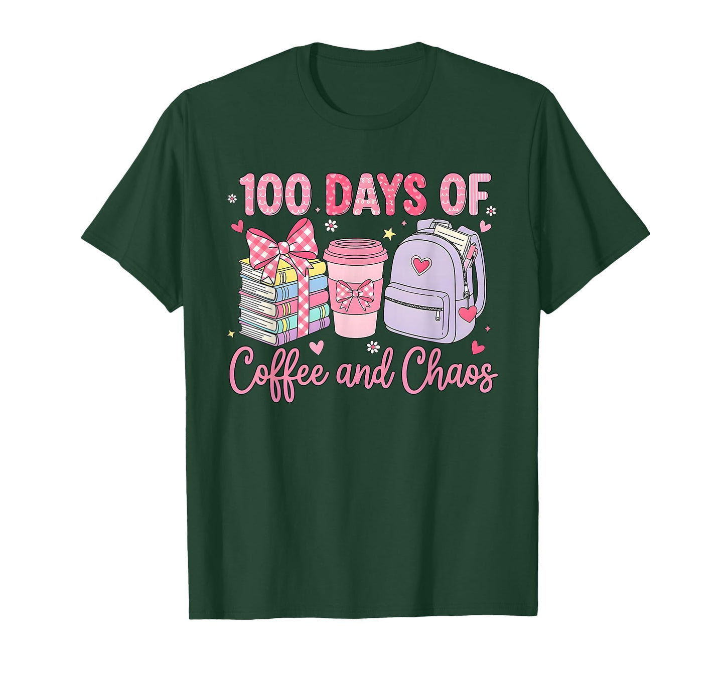 100 Days of Coffee and Chaos School Teacher 100th Day Bow T-Shirt