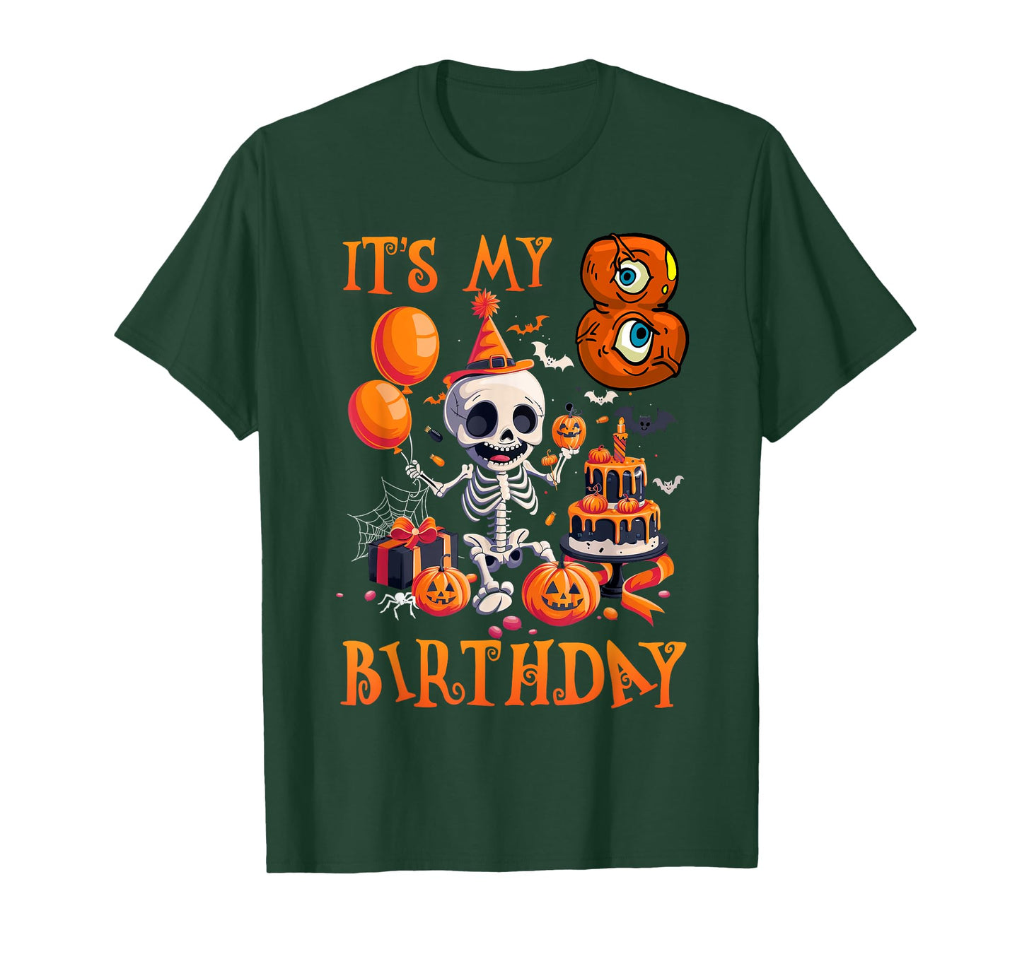Kids Boo It's My 8th Birthday Halloween Skeleton 8 Years Old T-Shirt