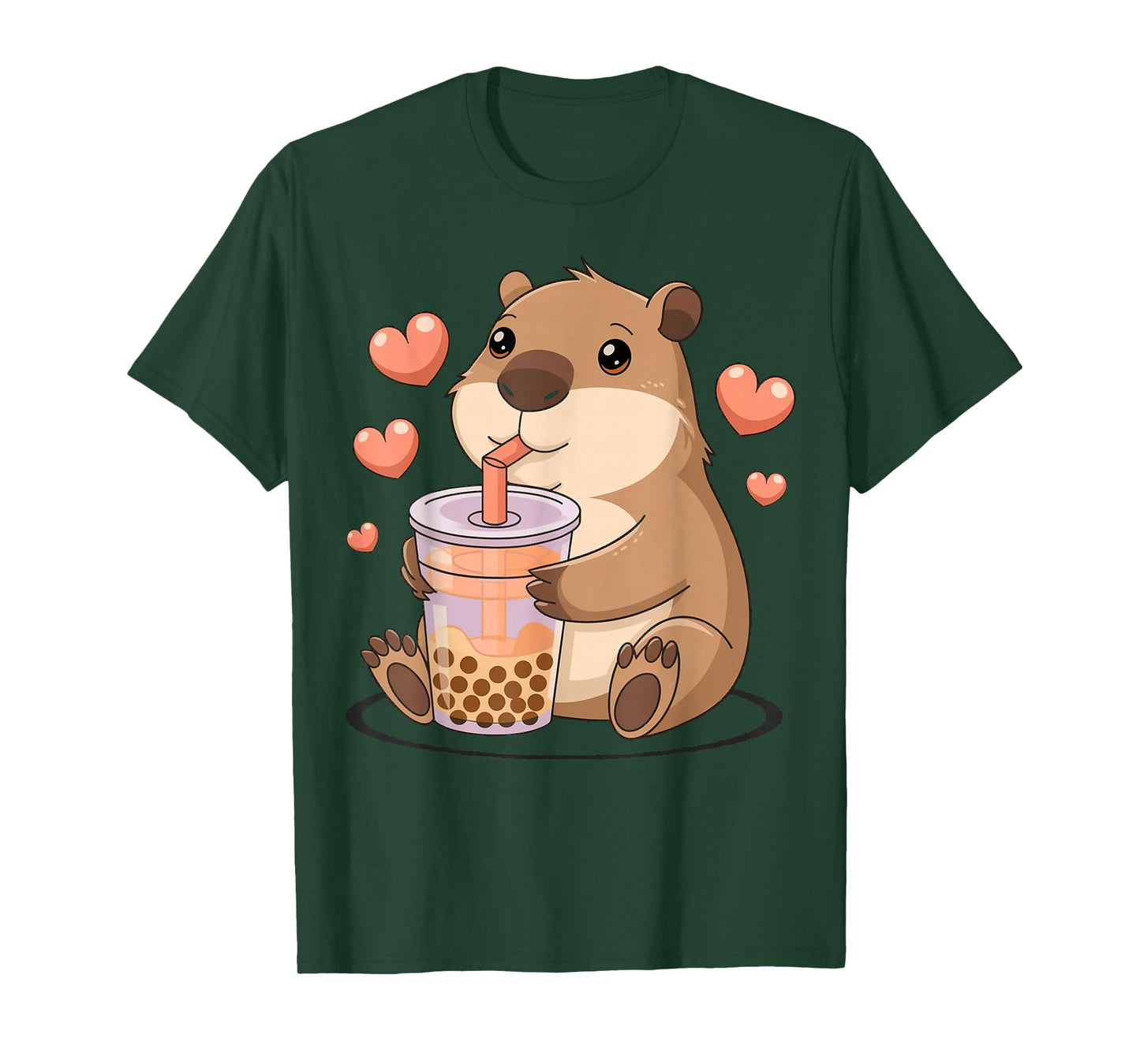 Cute Heart & Capybara Kawaii Drinking Bubble Tea Lover Girls T-Shirt
