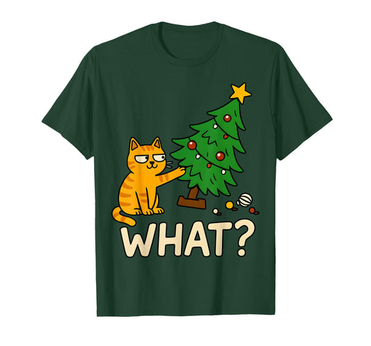Tabby Cat Xmas Cat Pushing Christmas Tree Over Cat What? T-Shirt
