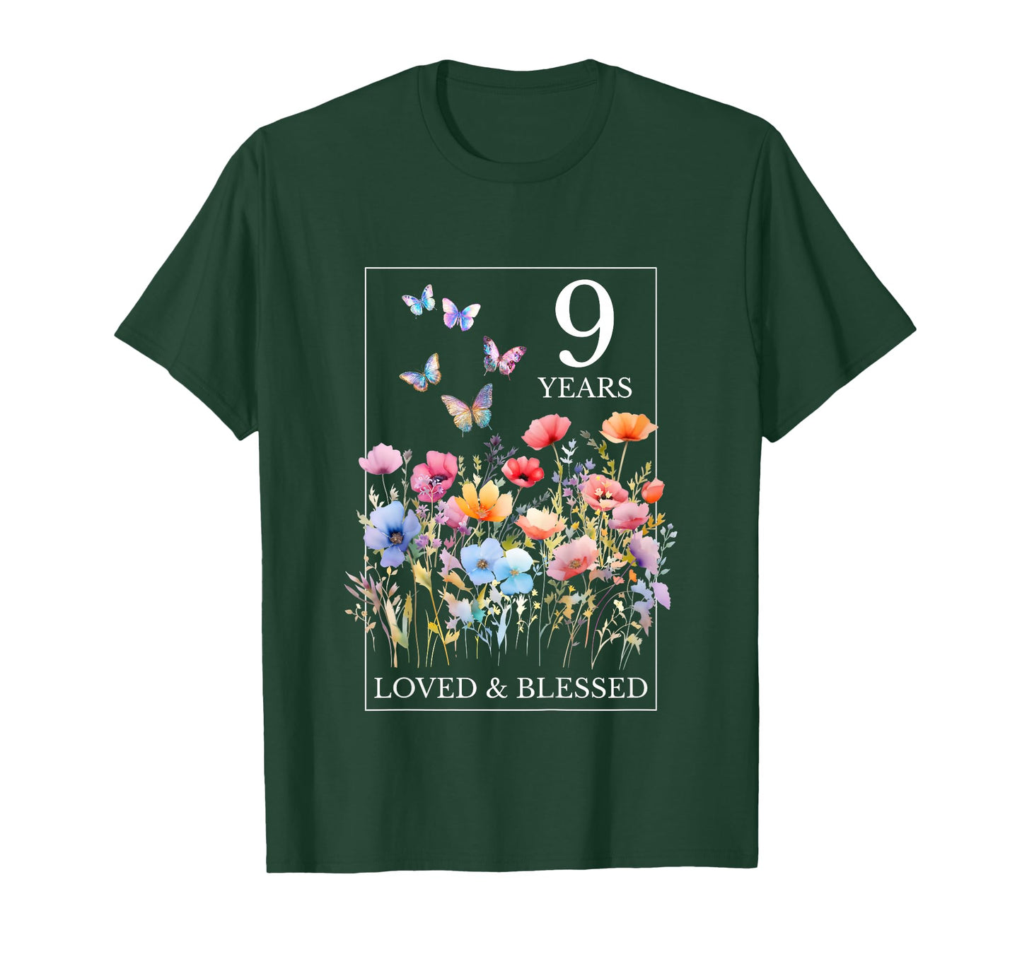 9 Years Loved Blessed Butterfly Flower Stamp 9th Birthday T-Shirt