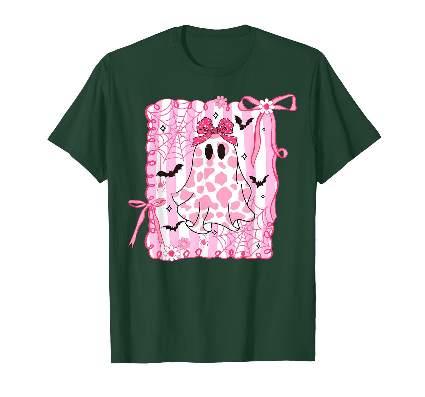 Cute Ghost Coquette Pink Bow Cow Print Halloween Spooky T-Shirt